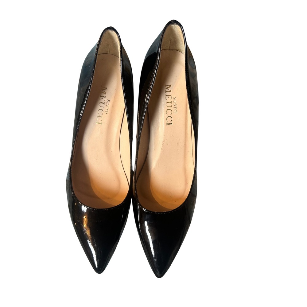 Sesto Meucci Black Patent Leather Pointed Toe Block Heel Pumps Made in Spain 7.5